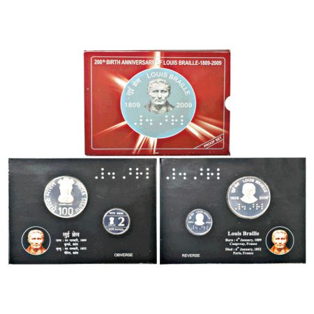 2009, 200th Birth Anniversary of Louis Braille, Proof set of 2 coins, 100 rupees and 2 rup