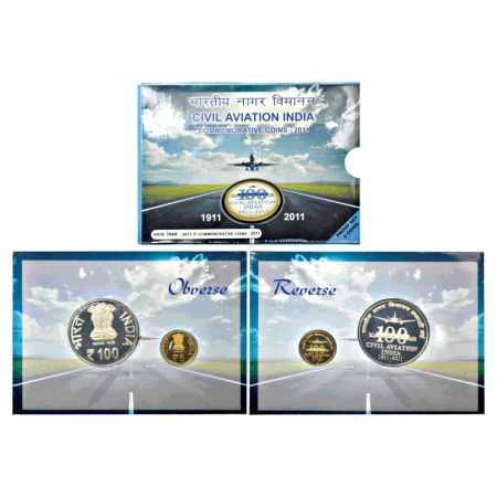 2011, Civil Avation India, Proof set of 2 coins, 100 rupees and 5 rupees, Mumbai mint, in 