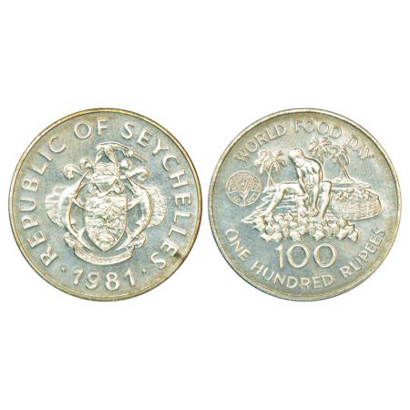 Seychelles, Proof, silver 100 rupees, 1981, 34.98g. Sub: World Food Day. Obv: Arms with su