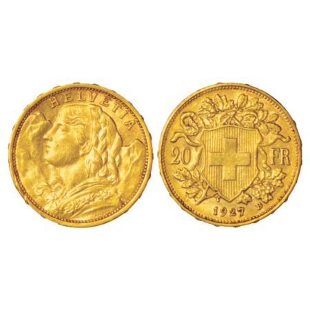 Switzerland, gold 20 francs, 1927, 'B' mint mark, 6.43g. Obv: Young female portrait, weari