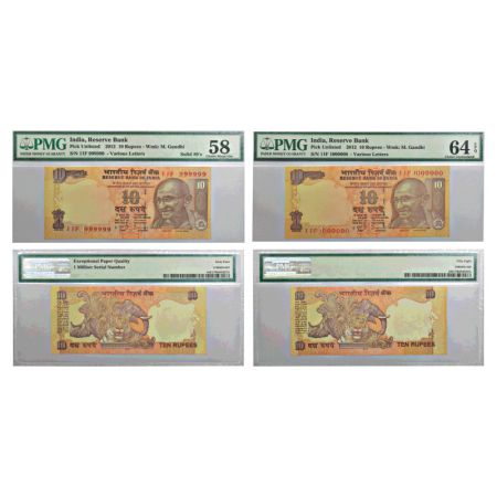 10 rupees, fancy number notes (2), 2012, gandhi series, signed by D. Subbarao, inset 'L', 