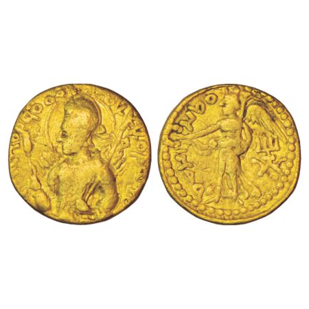 Kushan, Huvishka (155-192 AD), gold dinar, Gobl 244, mint I (A) 3rd emission, 7.65g. Obv: 