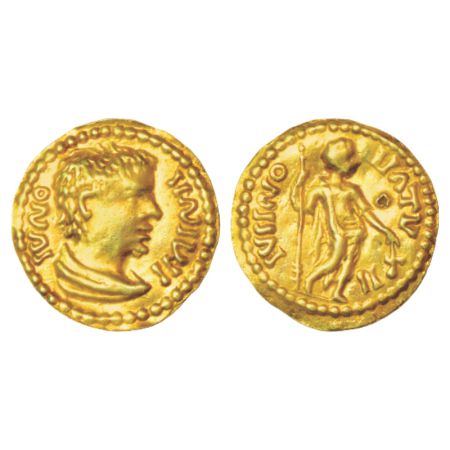 Western/Southern India, votive imitation of a Roman gold coin, (200-300 AD), 1.71g. Obv: R