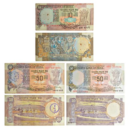 A group of 3 misprint notes, 1x 10 rupee, signed by R.N. Malhotra, inset 'B', serial no.: 