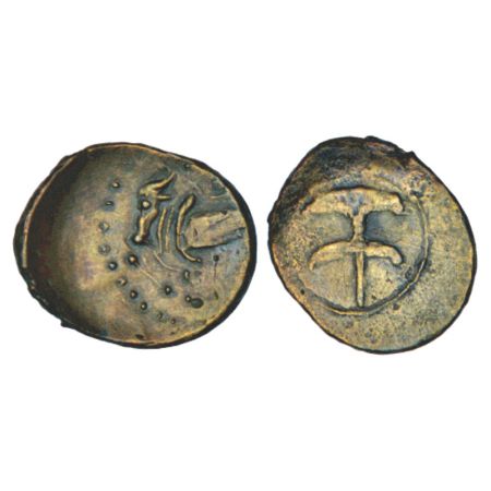 Pallavas of Kanchi, uninscribed 'bull' type coin in alloyed copper, (300-400 AD), similar 
