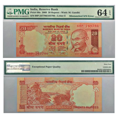 20 rupees, misprint, 2009, signed by D. Subbarao, inset 'E', serial no.: 68P 245786 & 2477