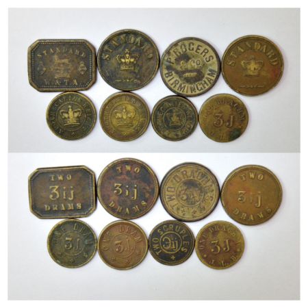 A group of 8 United States of America, apothecary weight tokens, 1840 to 1960, includes va