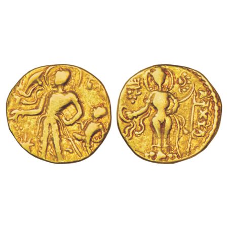 Gupta Empire, gold dinar of Chandra Gupta II (375-415 AD), 'Chhatra' type, Altekar Class I