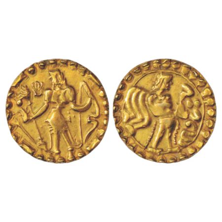 Samatata region, anonymous gold dinar copying gupta coin designs (550-650 AD), ECB SAM3.8,