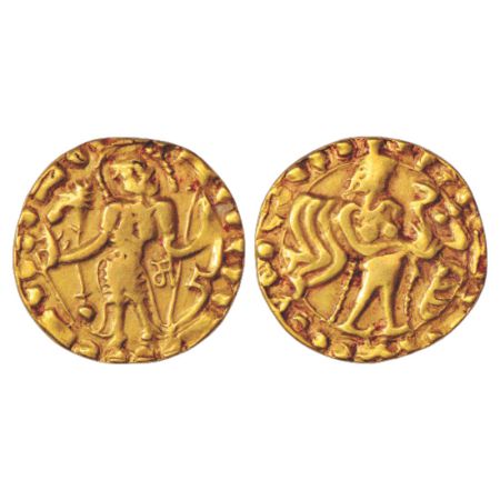 Samatata region, anonymous gold dinar copying gupta coin designs, early variety with lette