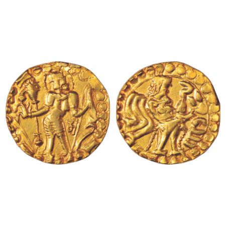 Samatata region, anonymous gold dinar copying gupta coin designs, early variety with lette