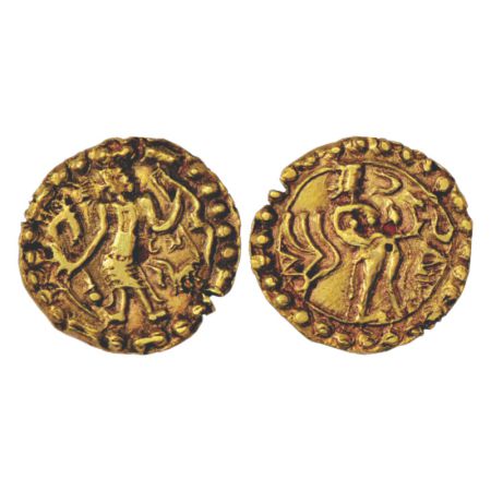 Samatata region, gold dinar copying gupta coin designs, 'Ashwamedha' type (550-650 AD), EC
